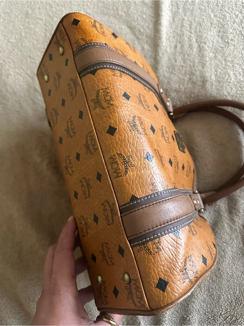 MCM Visetos Cognac Logo Satchel with Brown Trim